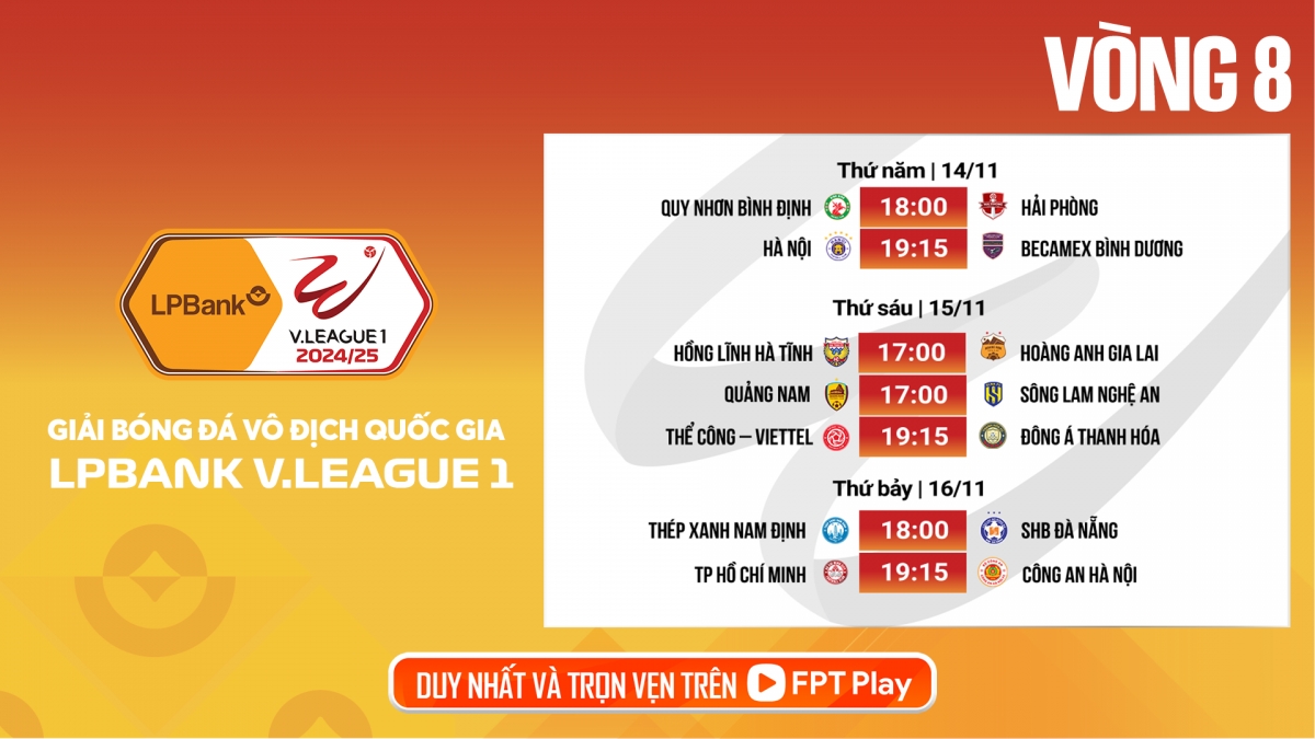 Lịch thi đấu và trực tiếp vòng 8 V-League 2024/2025: HAGL gặp “vua hòa”